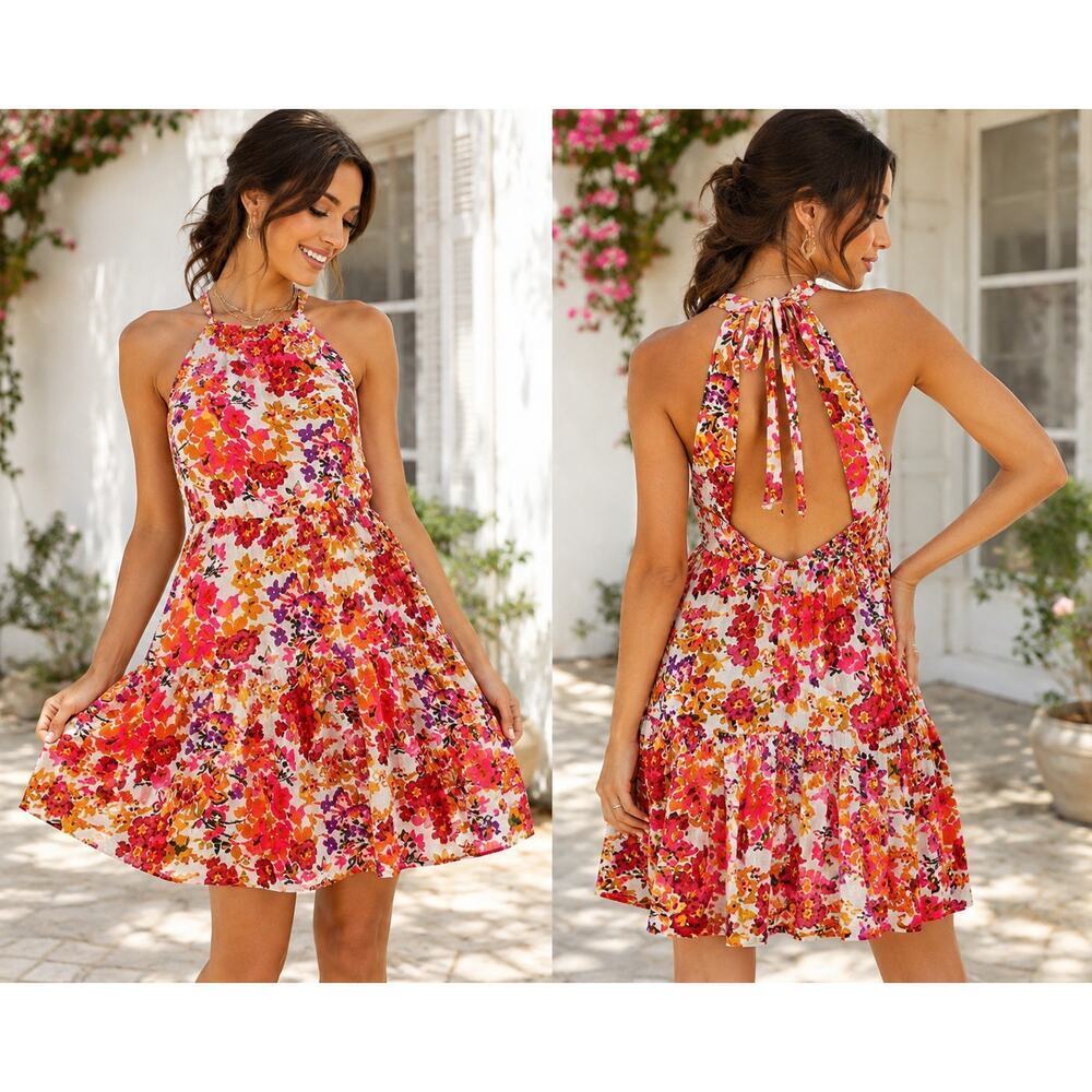 Natural Life Halle Printed Halter Mini Dress Hot Pink Bright Orange Floral Med